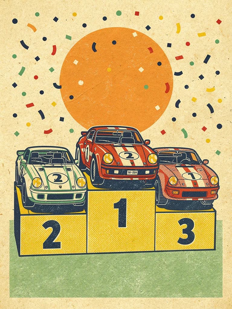 Risograph poster of the Grand Prix podium under a rising sun