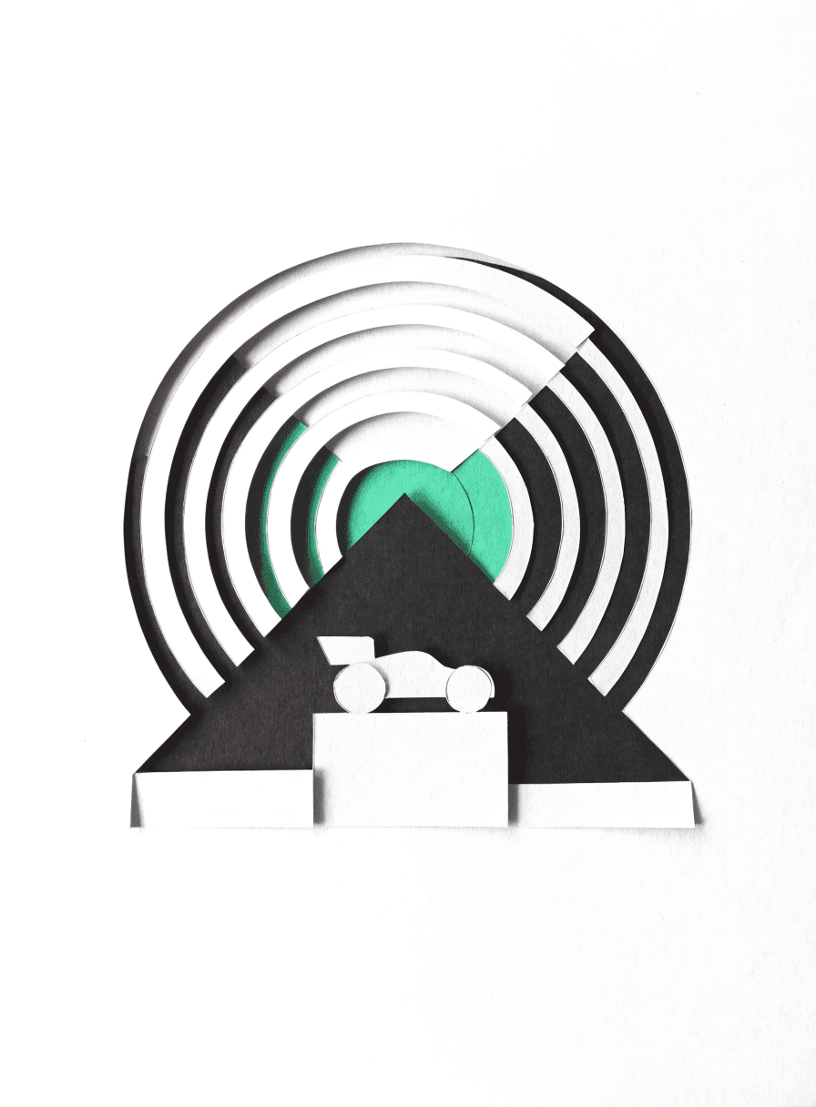 Paper-cut poster of the Grand Prix podium under a rising sun of layered paper arcs